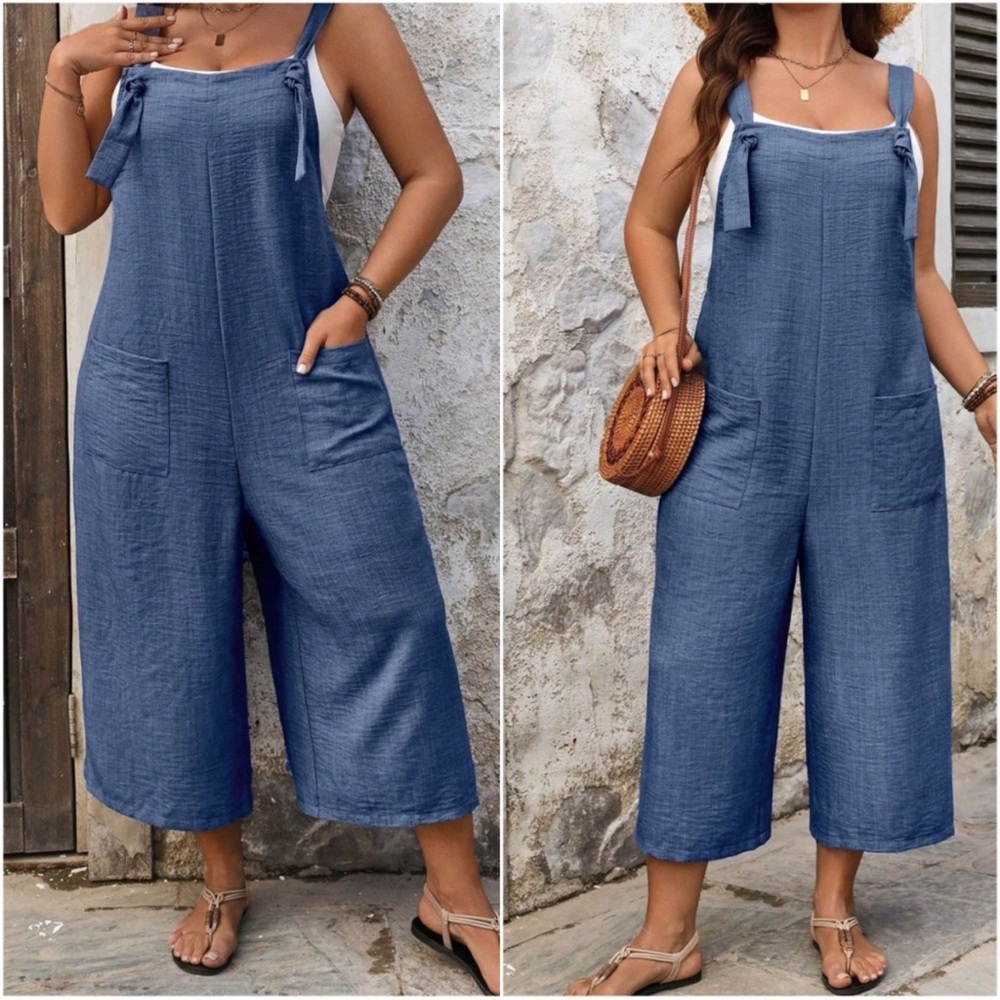 Plus Solid Black Adjustable Straps Wide Leg Cropped Jumper Jumpsuit 1X 2X 3X 4X
